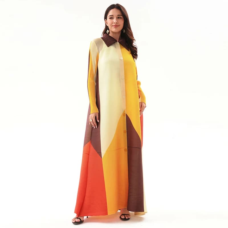 Miyake Color Block Pleated Polo-Neck Maxi Dress for Women