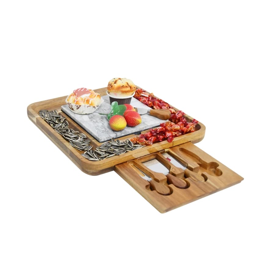 Lufan Premium Wood Rectangular Cheese Board with Marble Plate & Knife Set