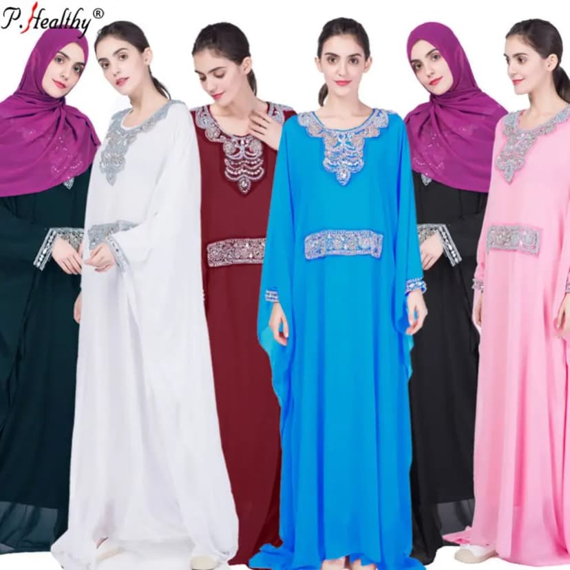 P. Healthy Women's Islamic Abaya Dress with Rhinestones - Multiple Colors