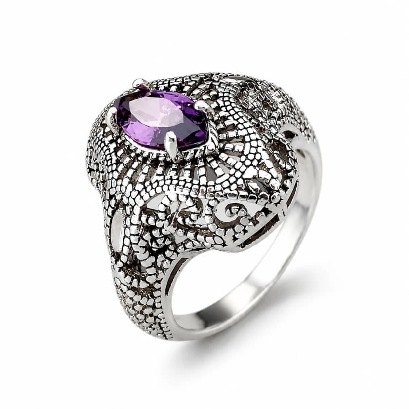 Vintage Amethyst Openwork Ring - Korean Style Fashion Jewelry