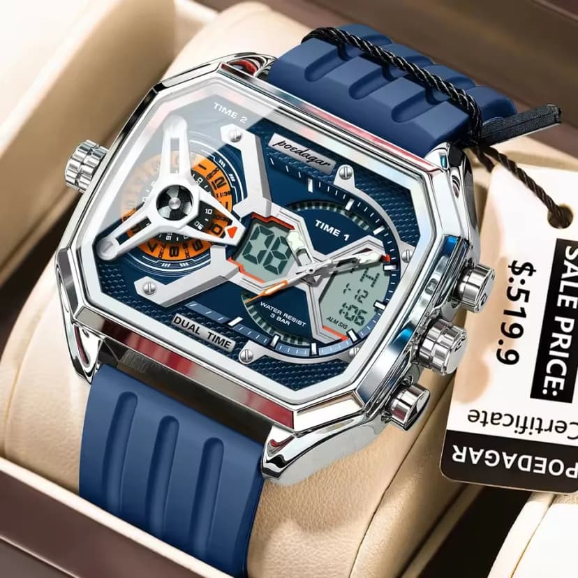 POEDAGAR Men's Luxury LED Calendar Wristwatch - Blue Silicone Strap